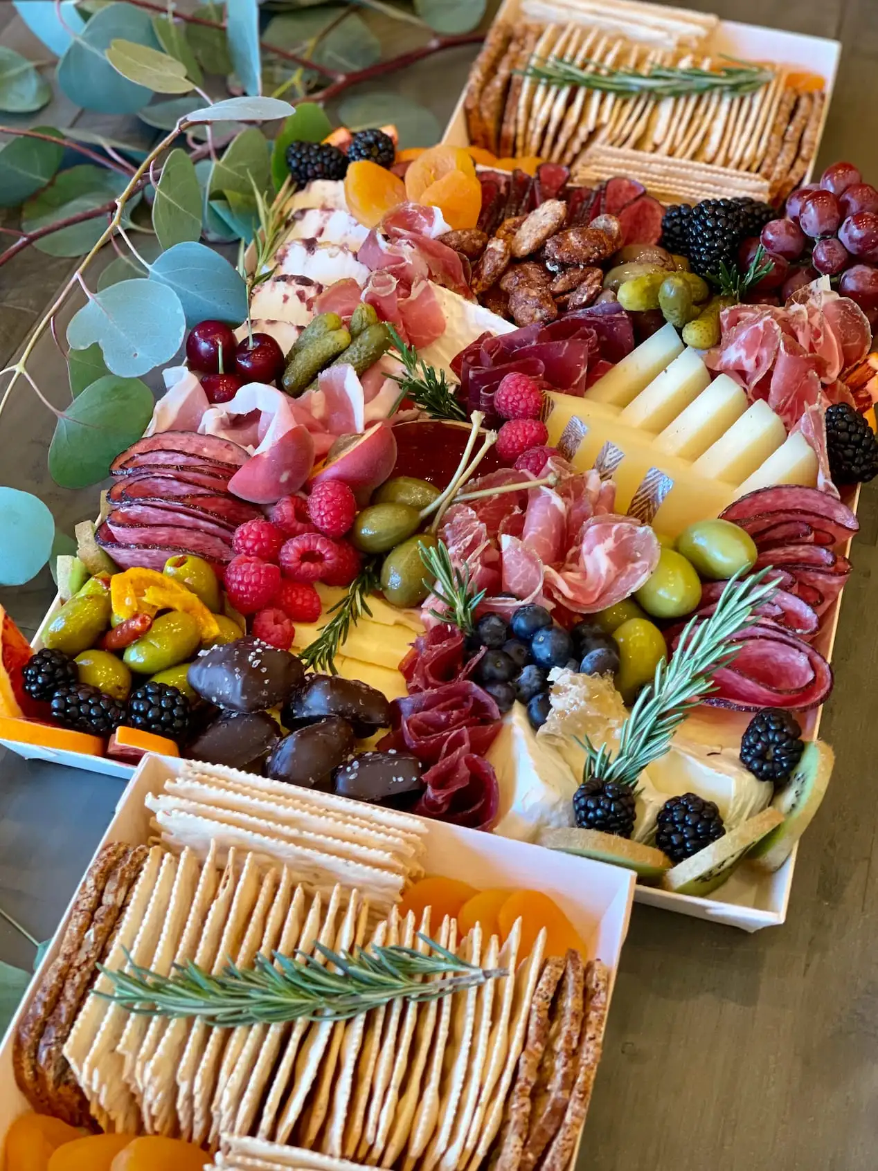 Wooden tray of cheeses, cured meats, fruit and honeycomb for 10 to 12 people (view 6)