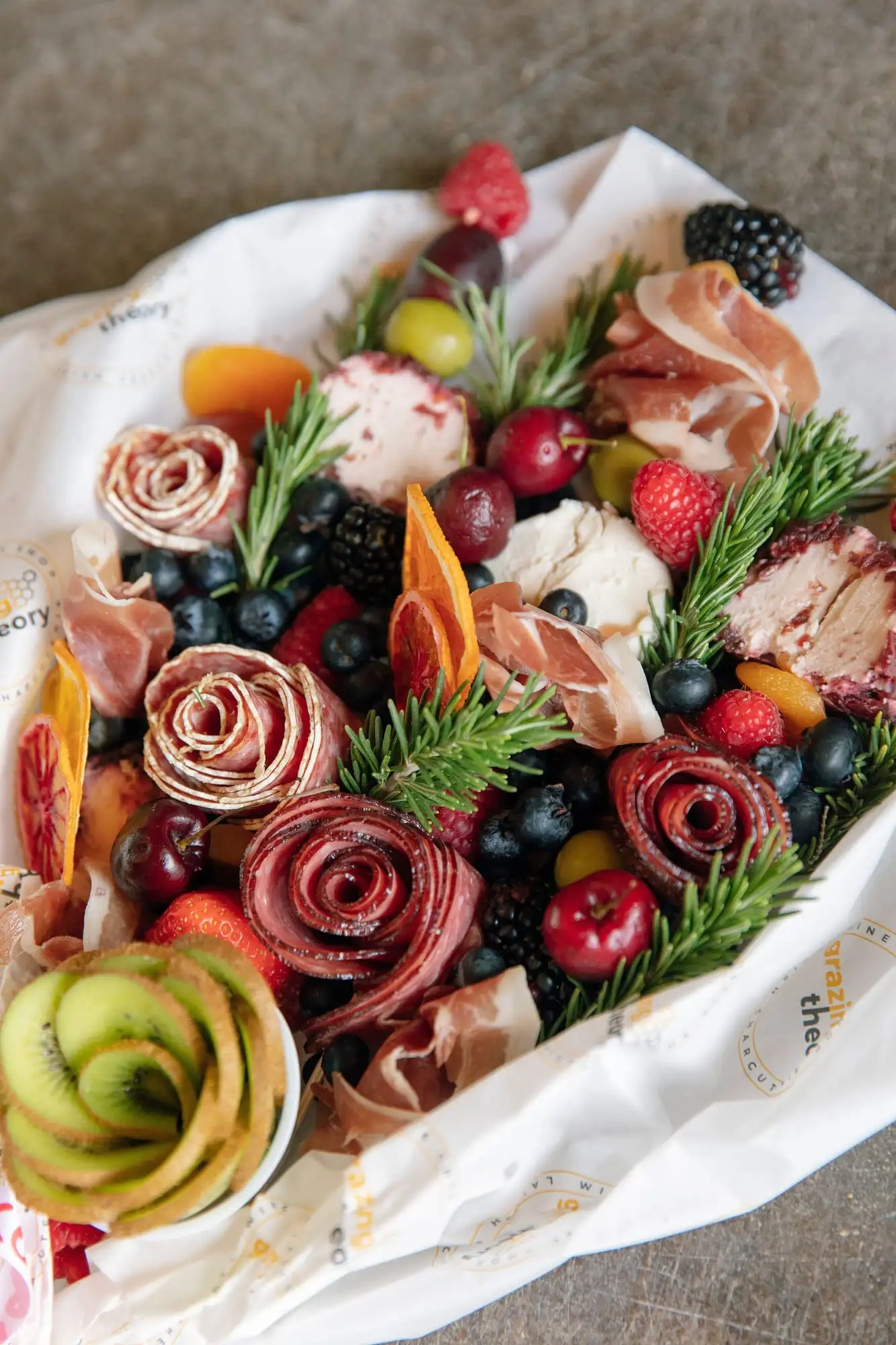 Edible bouquet of salami roses, cheese and fruit flowers (view 2)