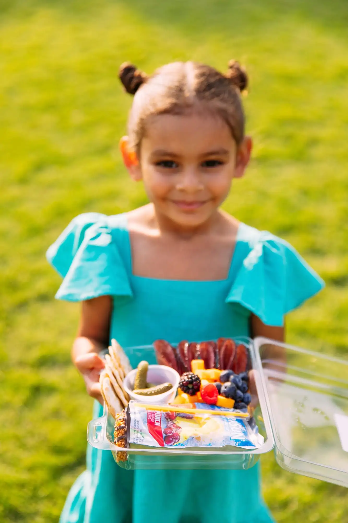 Kids snack box with cubed cheese, salami, crackers, fruit and a juice pouch (view 2)