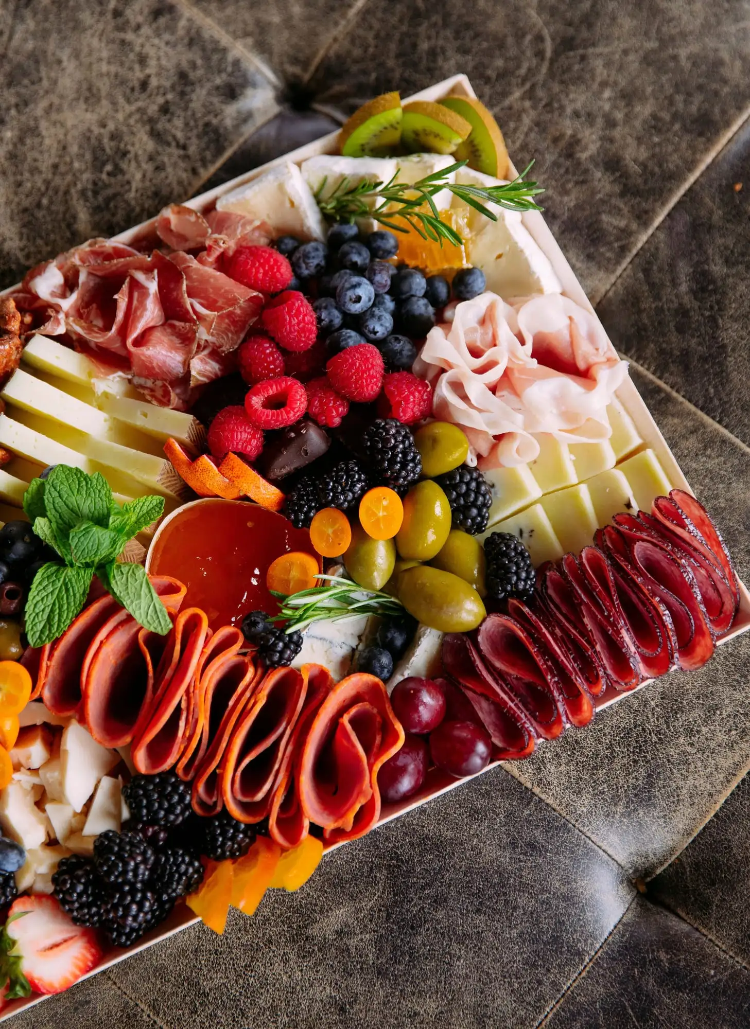 Wooden tray of cheeses, cured meats, fruit and honeycomb for 10 to 12 people (view 5)