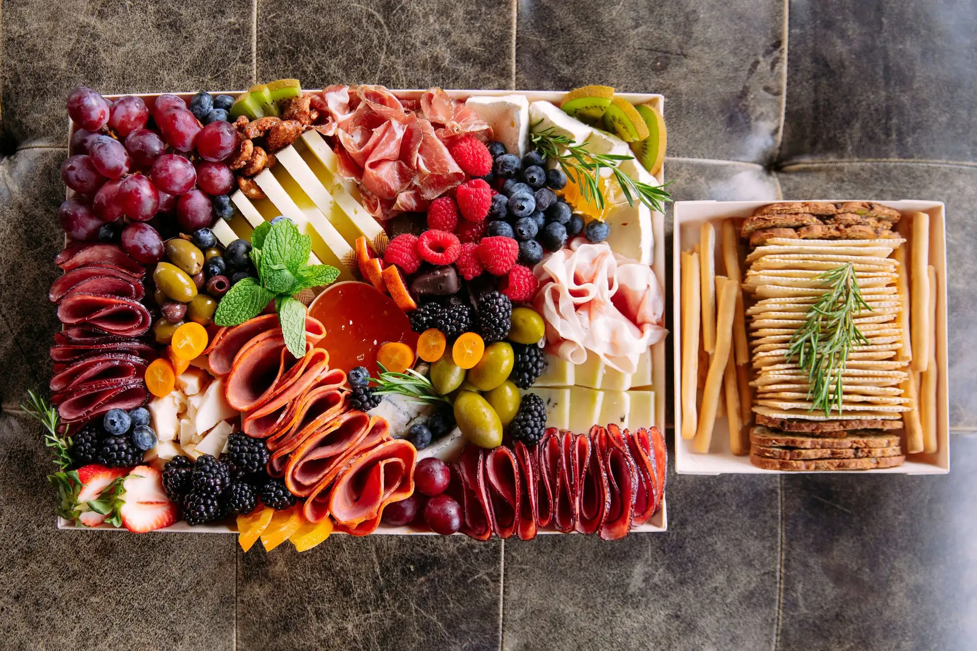 Wooden tray of cheeses, cured meats, fruit and honeycomb for 10 to 12 people (view 3)