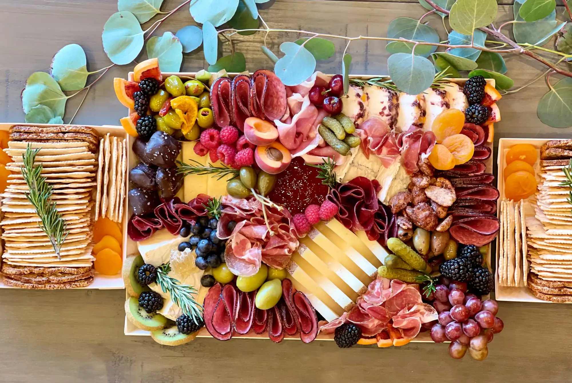 Wooden tray of cheeses, cured meats, fruit and honeycomb for 10 to 12 people (view 8)