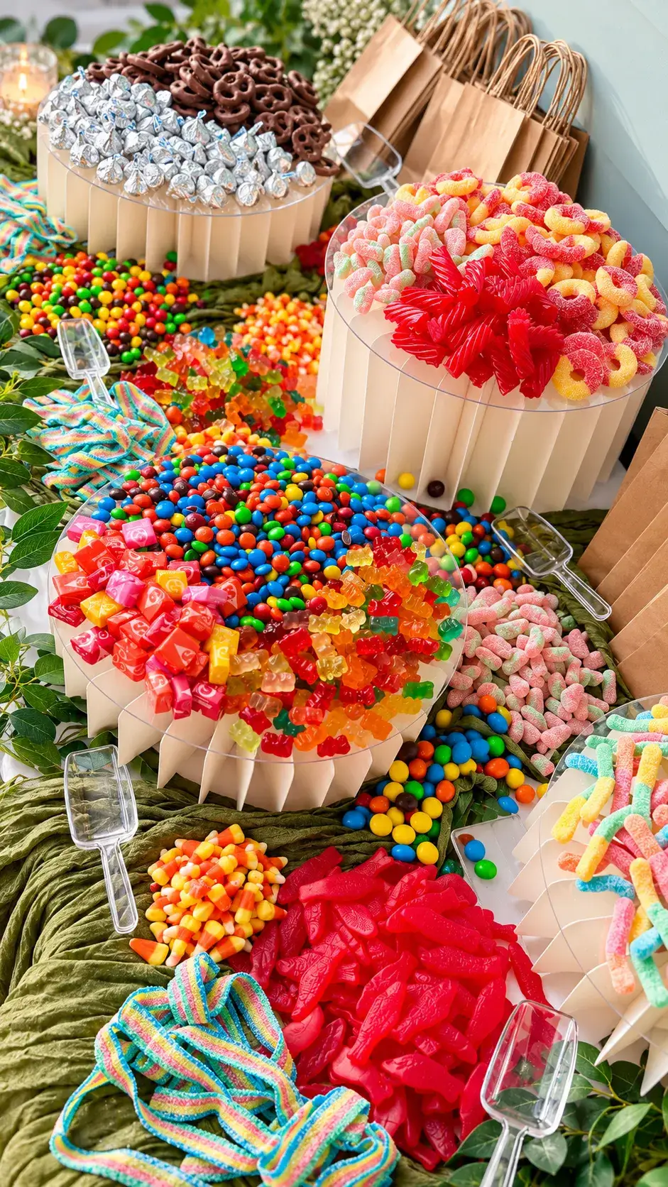 Candy on white fluted risers with scoops: chocolate pretzels, sour rings, gummy bears and Starburst, with kraft treat bags ready for guests