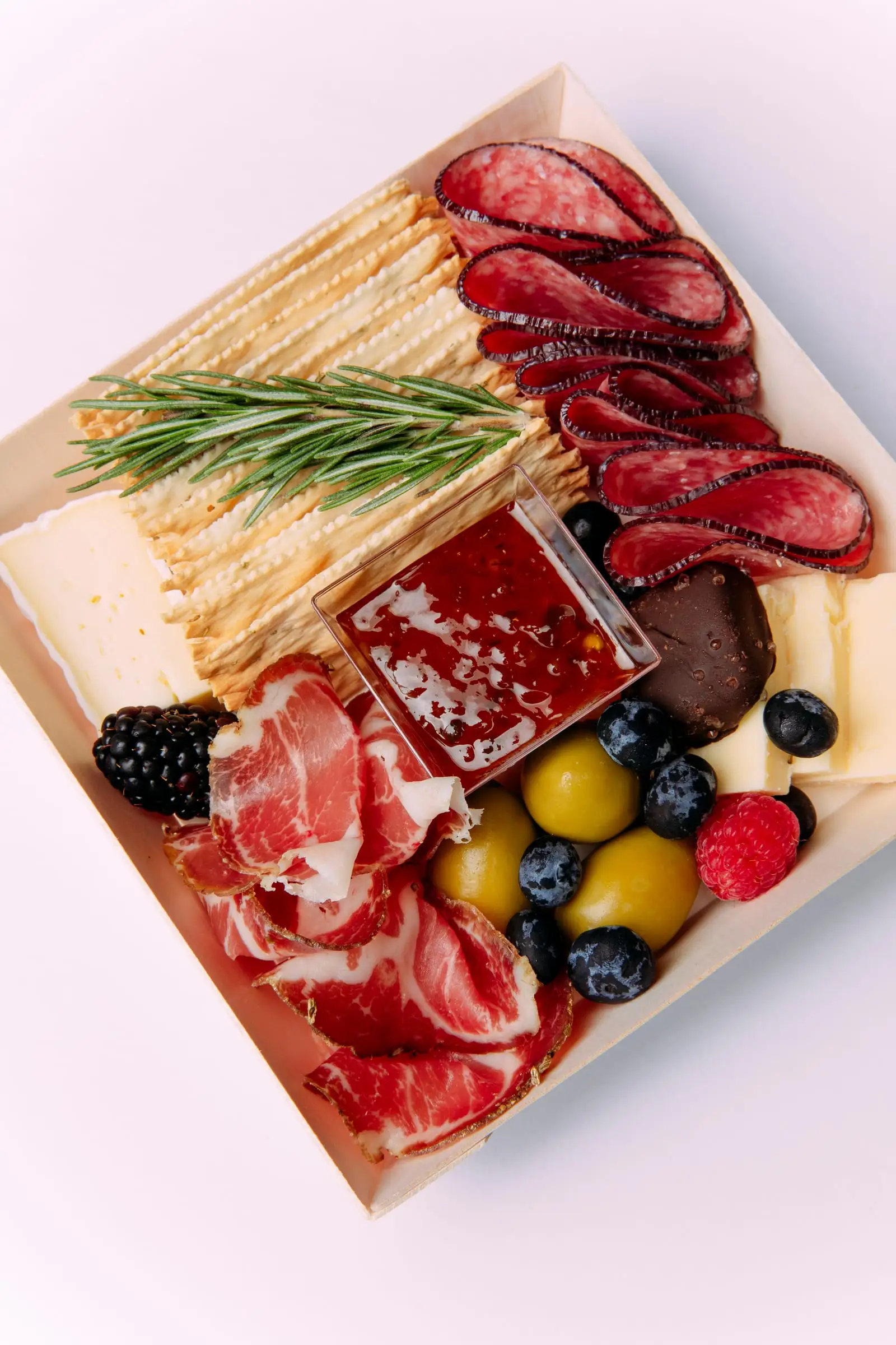 A charcuterie lunch box from above