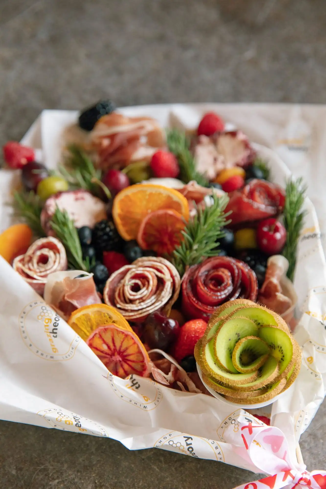 Edible bouquet of salami roses, cheese and fruit flowers (view 3)