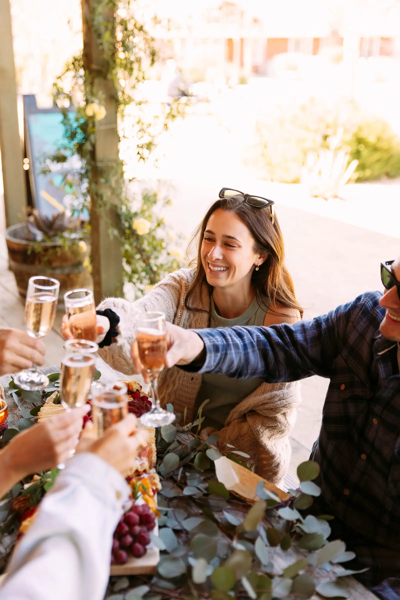 Friends toasting over a grazing board