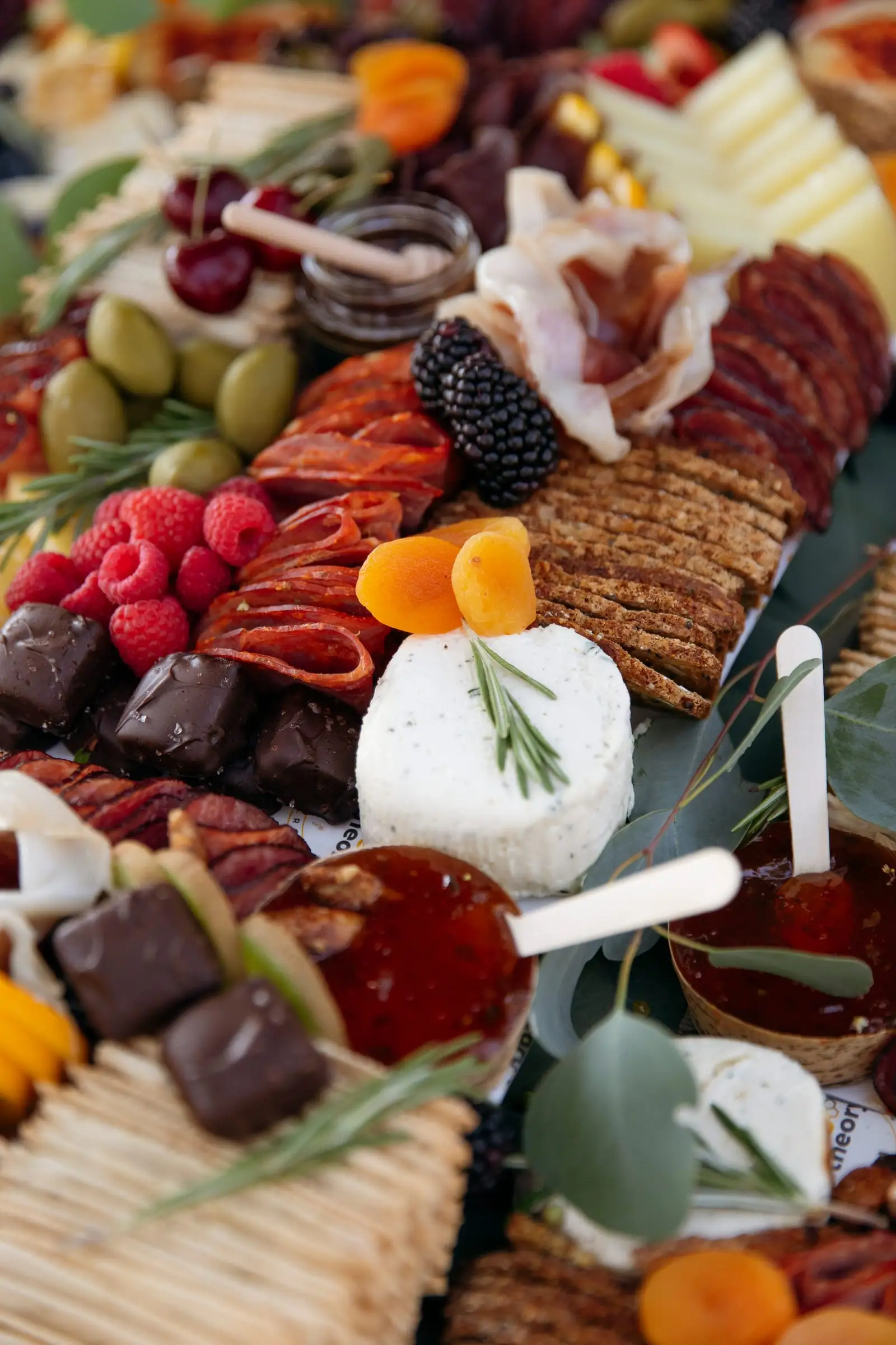 Brie, honey, dried apricots and berries on a grazing table